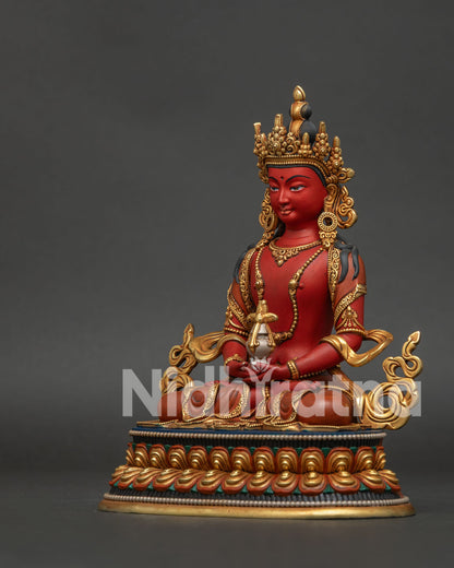 amitayus statue left side view showing acrylic painting copper craftsmanship and gold details