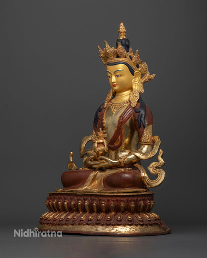 Amitayus statue left side view with oxidized copper and gold fire gilding.
