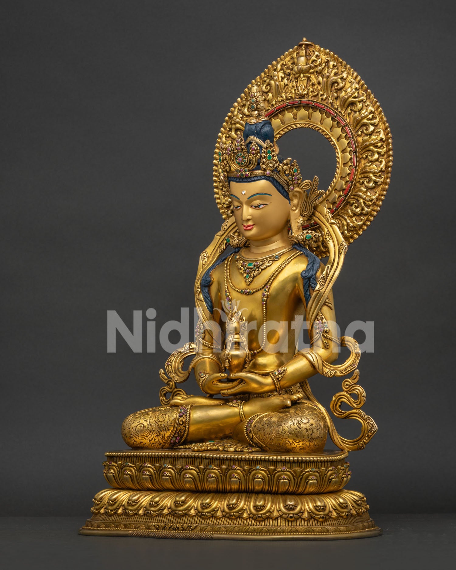 Amitayus Statue left view side showing handcrafted details and sacred Long Life Vase