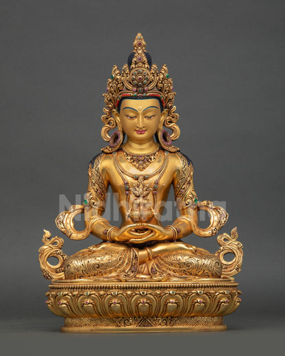 Front View: Amitayus Statue Nepal Handcrafted Copper Lost Wax 24K Gold Gilded Lotus Throne