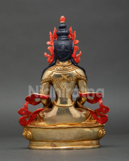 Amitayus Statue on lotus throne, gold-gilded copper Buddha of Infinite Life handcrafted in Nepal.