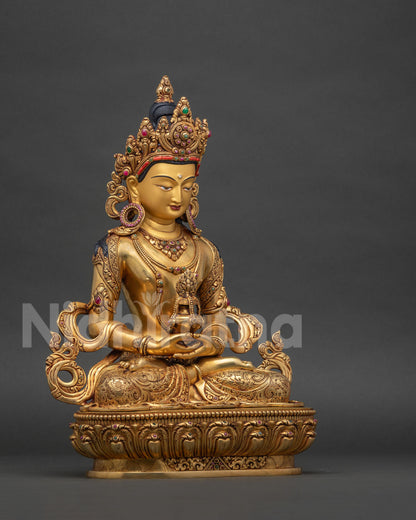 Amitayus Statue right side view, 24K gold fire-gilded copper Buddha sculpture