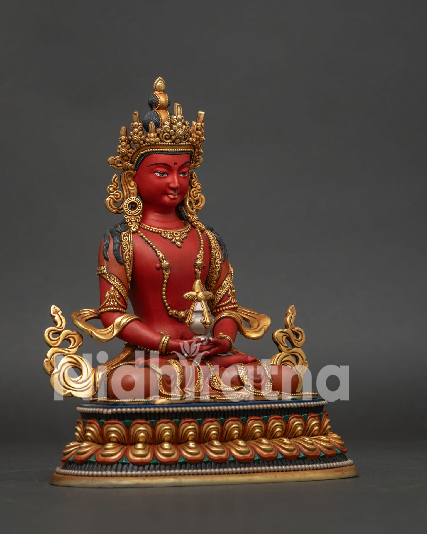amitayus statue right side view with lotus seat longevity vase and gold gilded details