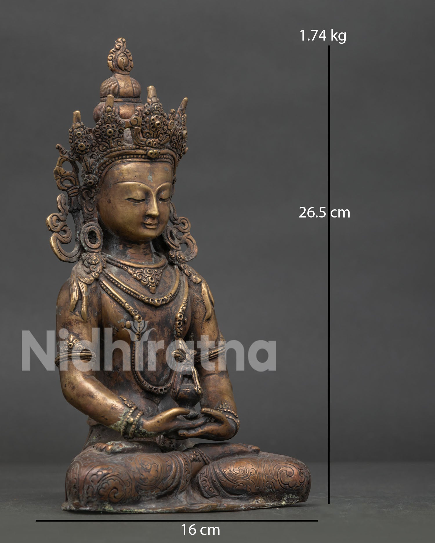 Amitayus statue seated in Dhyana Mudra holding sacred vase with nectar of immortality.