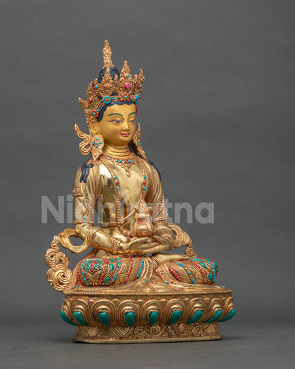 Amitayus statue seated on hand carved lotus pedestal with Kalasha.