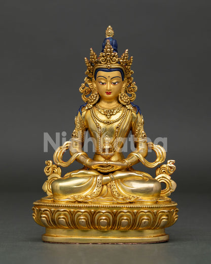 Amitayus statue with 24K gold fire gilding, handcrafted copper artwork from Nepal