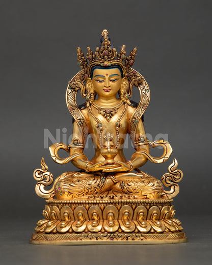 Amitayus Statue with Longevity Vase, 24K gold-gilded Nepalese Buddhist sculpture