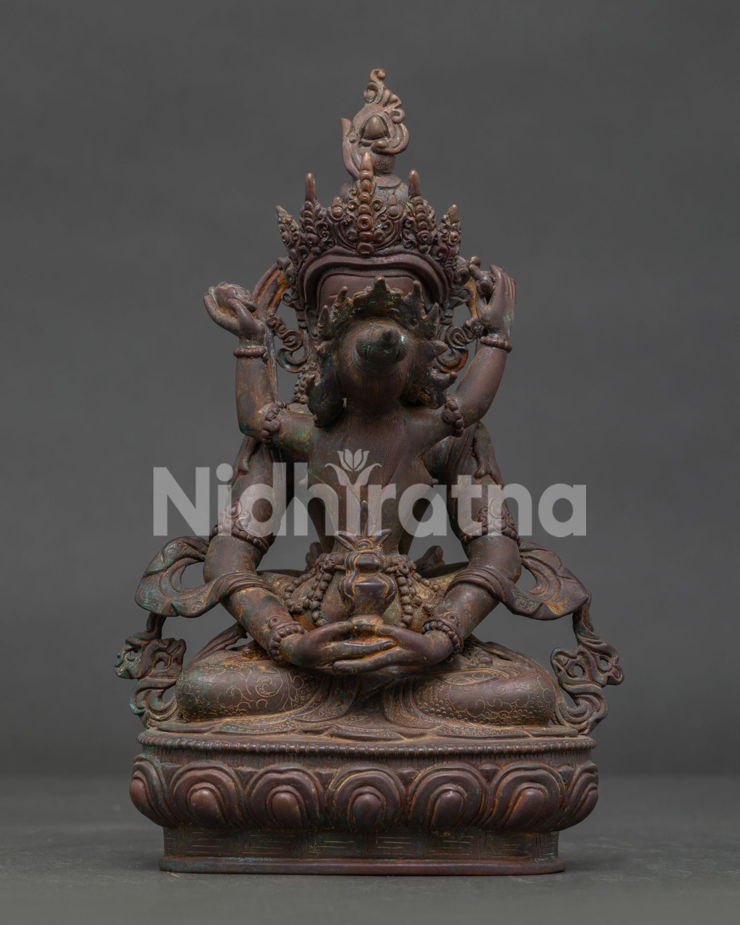 Amitayus with consort statue front view in antique oxidized copper from Nepal.
