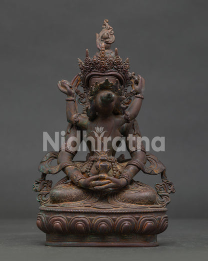 Amitayus with consort statue front view in antique oxidized copper from Nepal.