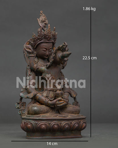 Amitayus with consort statue showing lotus pedestal and Dhyana Mudra.