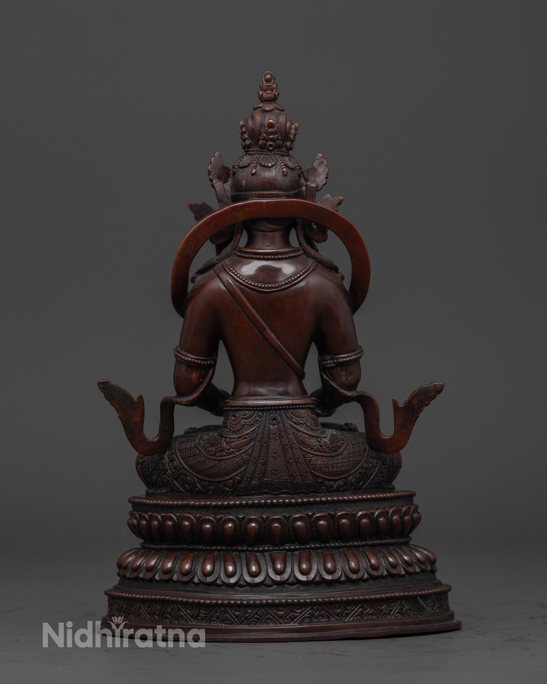 back view of oxidized amitayus buddha statue