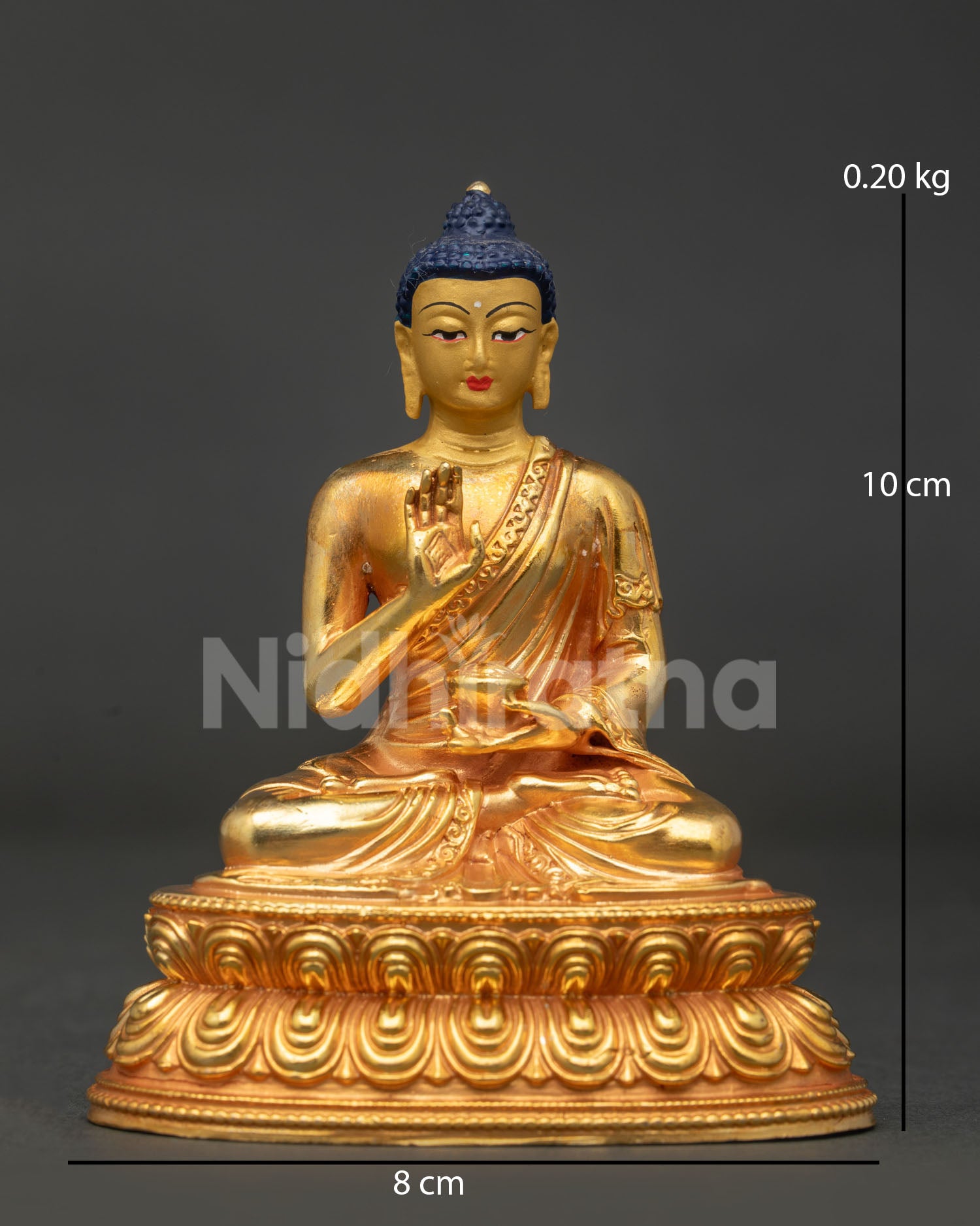 Amoghasiddhi Buddha Statue front view with 24K gold gilded copper finish and lotus pedestal