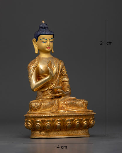 Amoghasiddhi Buddha Statue seated on handcarved lotus pedestal with floral robe.