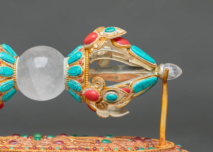 Angled View Buddhist Vajra Dorje With Stand Crystal Core And Semi Precious Stone Inlay Himalayan Art