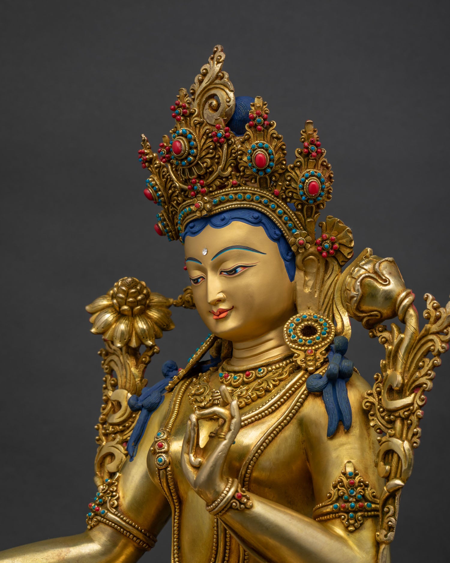 Angled View of Green Tara Statue with Royal Ease Posture and 24K Gold Fire Gilded Finish