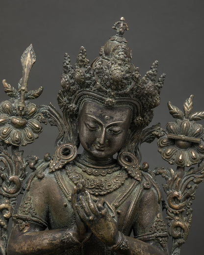 antique bronze tikshna manjushri statue detailed full sculpture close up