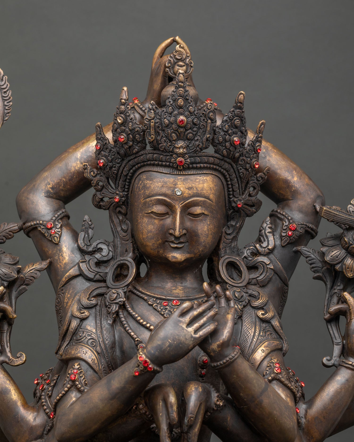 Antique copper Namasangiti sculpture adorned with ruby gemstones Himalayan Buddhist art