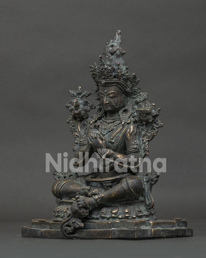Antique-finish Manjushri bronze statue, left side view
