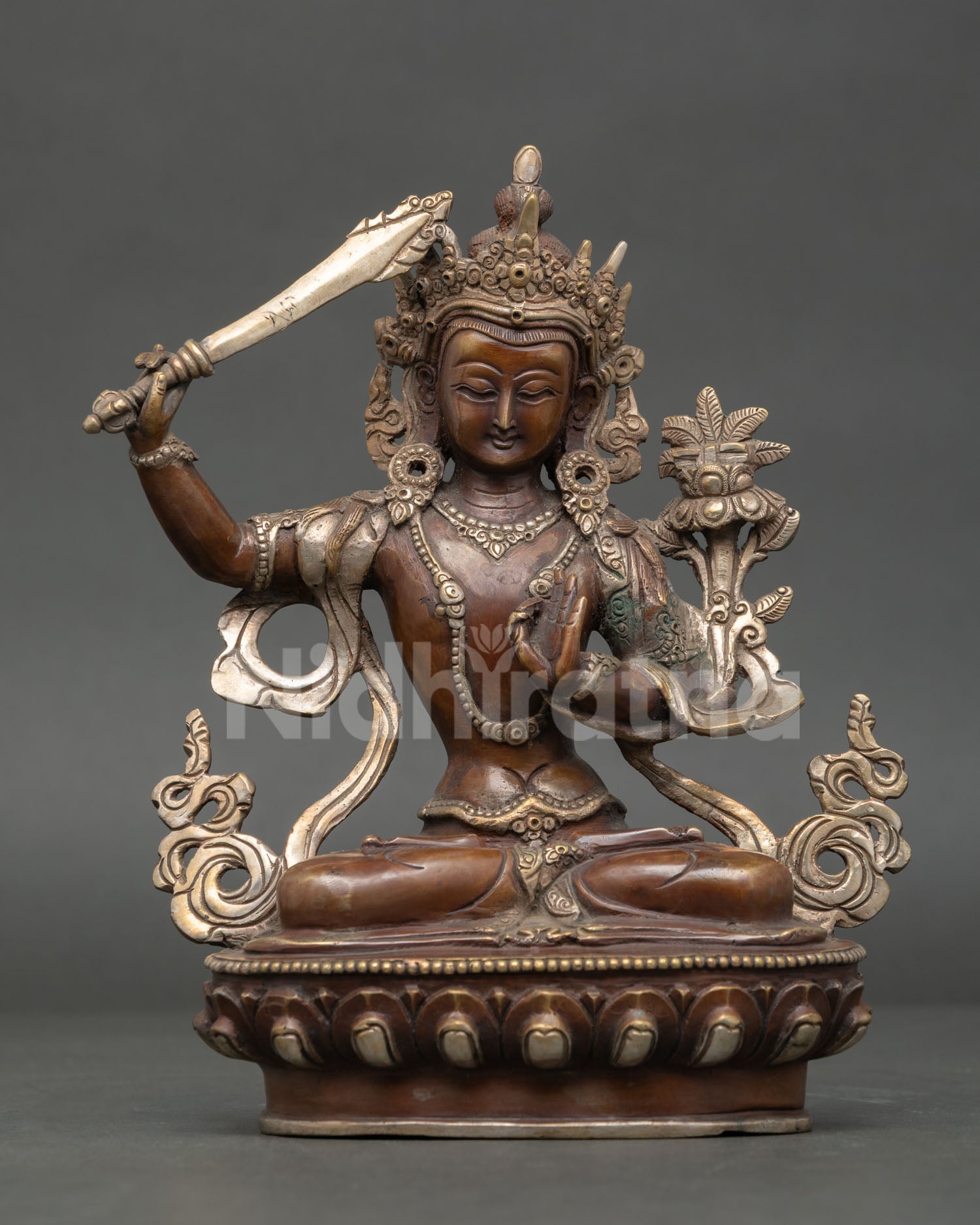 Antique Finish Manjushri Statue Handcrafted Copper Buddhist Sculpture Nepal
