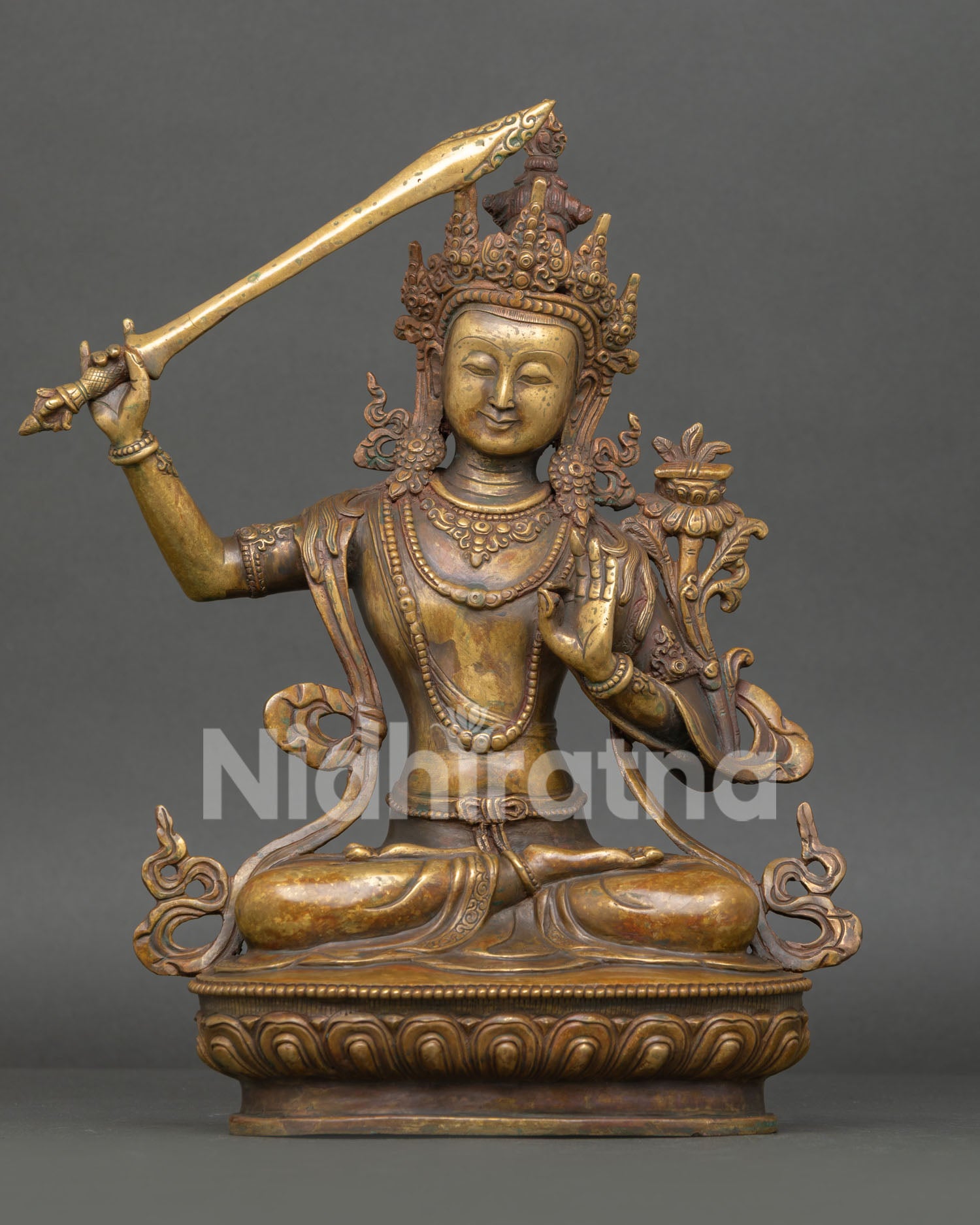 Antique Finish Manjushri Statue Handmade Copper Buddhist Wisdom Deity from Nepal Front View
