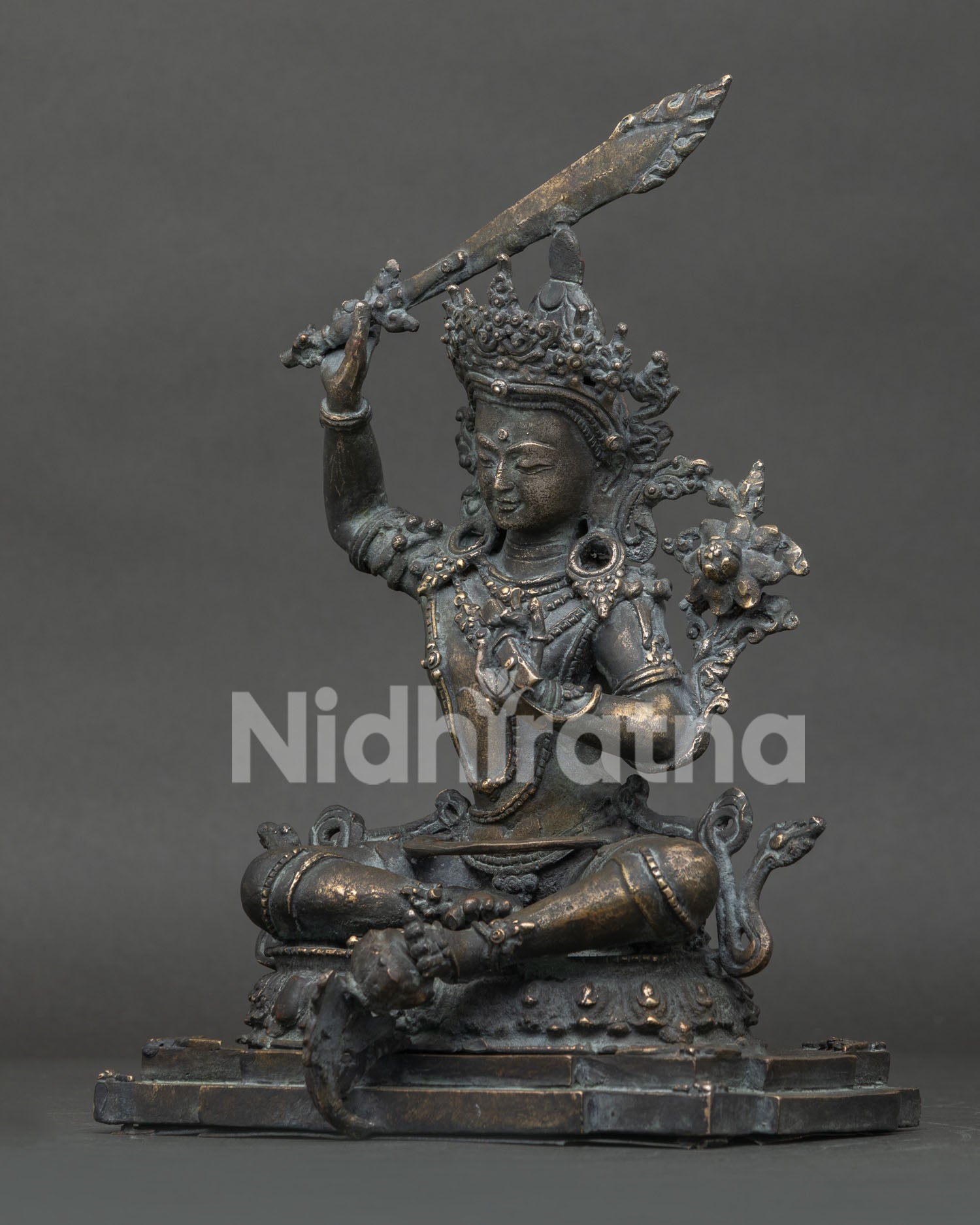 antique finish Simhanada Manjushri bronze statue left side view