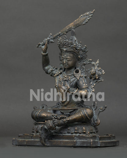 antique finish Simhanada Manjushri bronze statue left side view