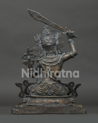 antique finish Simhanada Manjushri bronze statue Nepal back view