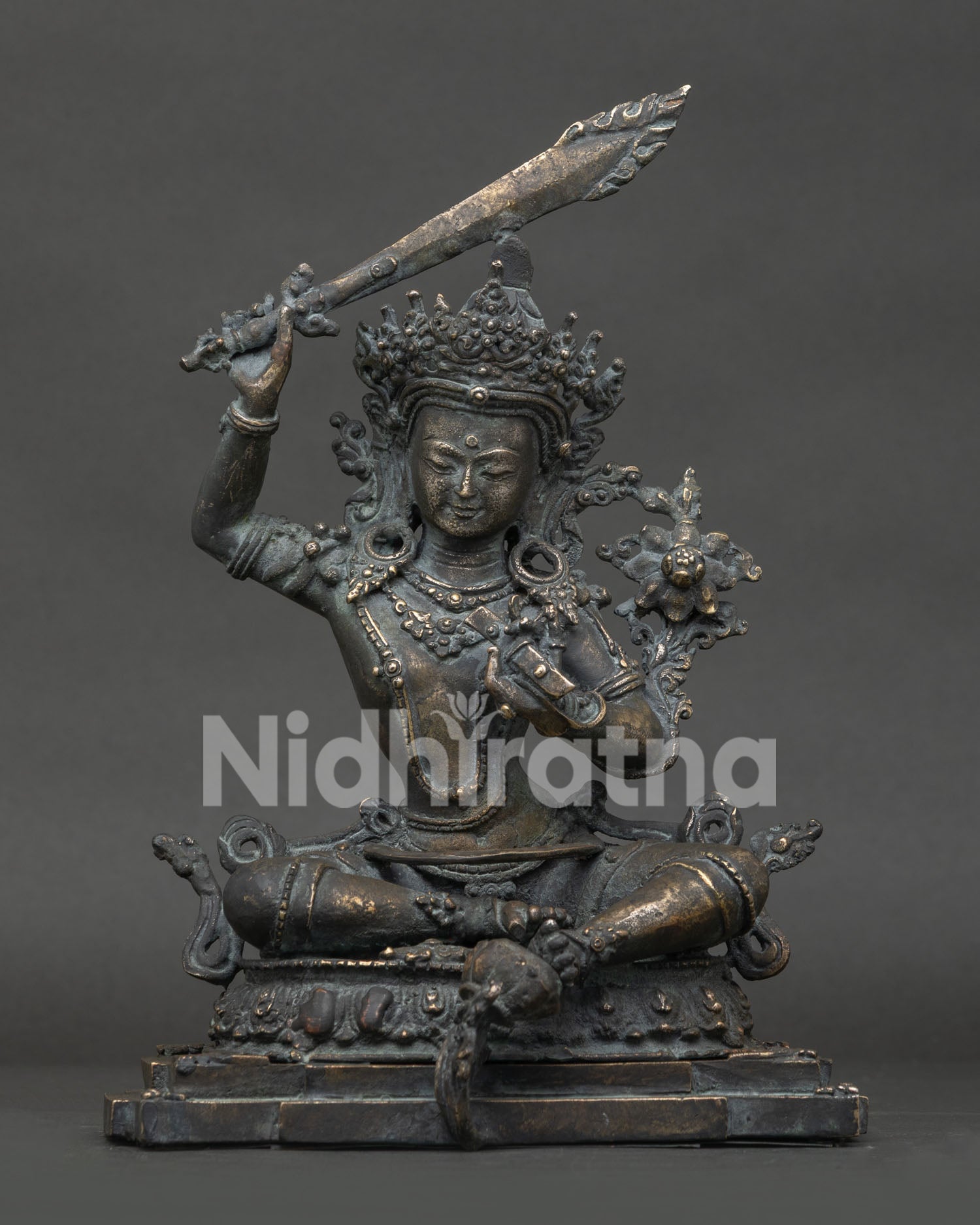 antique finish Simhanada Manjushri bronze statue Nepal front view