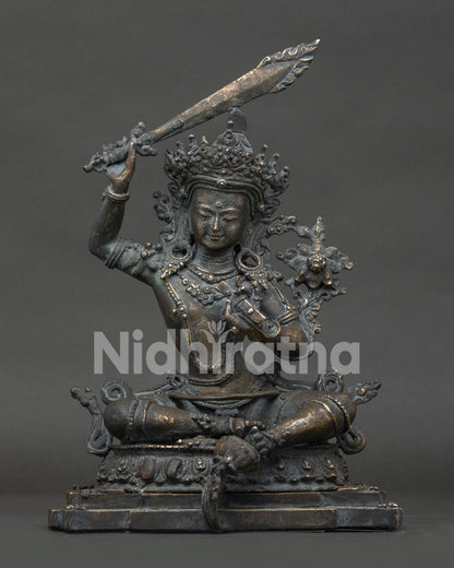 antique finish Simhanada Manjushri bronze statue Nepal front view