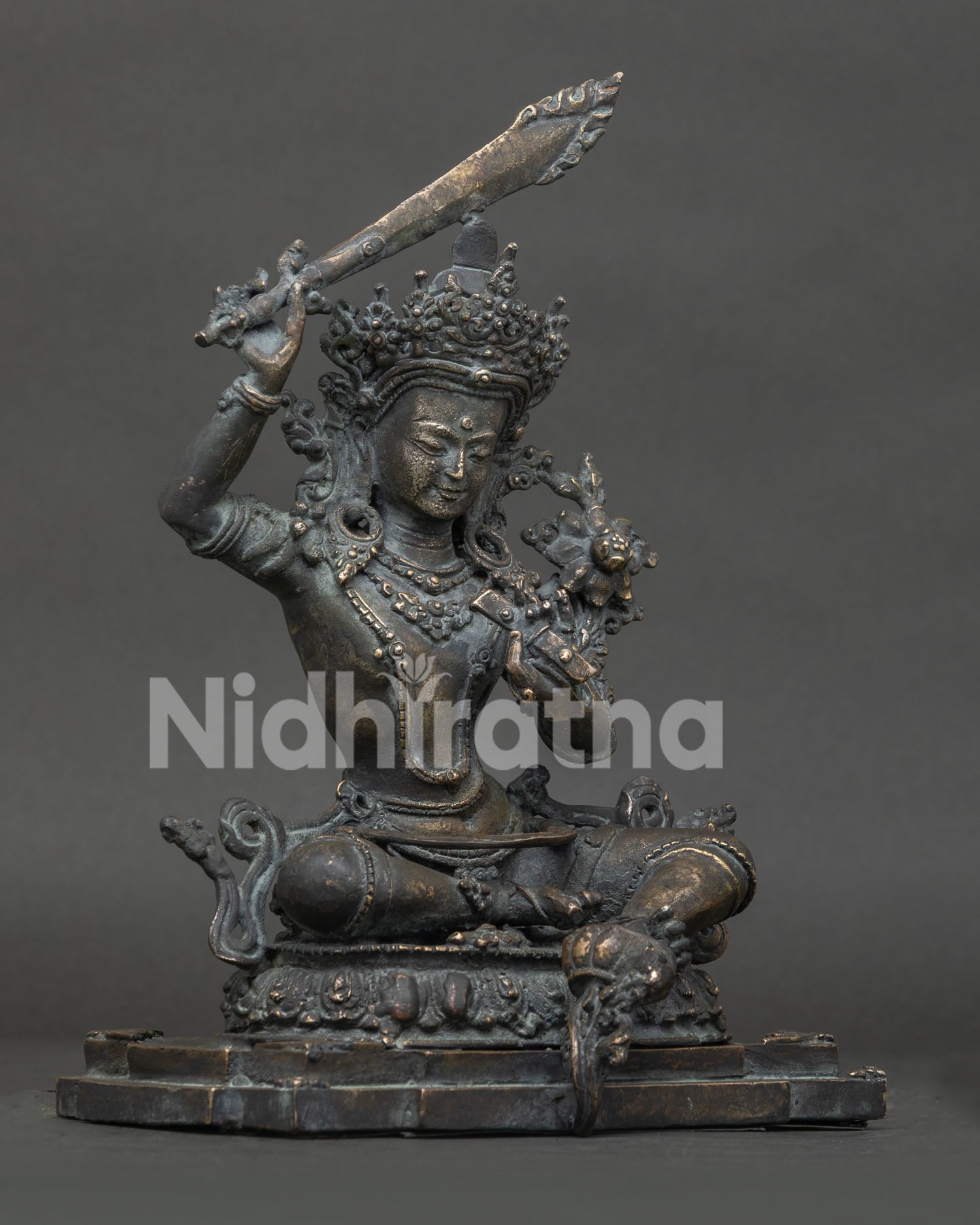 antique finish Simhanada Manjushri bronze statue right side view