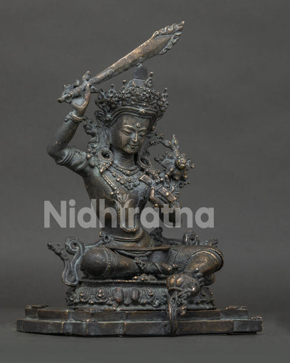 antique finish Simhanada Manjushri bronze statue right side view