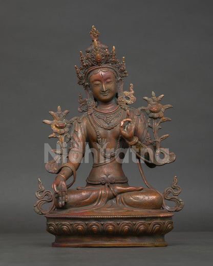 antique finish white tara statue, handcrafted copper buddhist sculpture from nepal