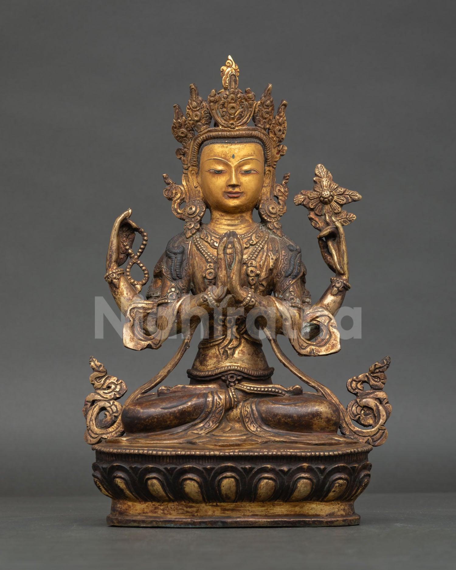 Antique finished Avalokiteshvara Chenrezig statue handcrafted in copper with gold gilding from Nepal