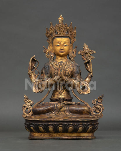 Antique finished Avalokiteshvara Chenrezig statue handcrafted in copper with gold gilding from Nepal