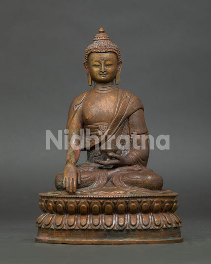 Antique Finished Shakyamuni Buddha Statue handcrafted from oxidized copper with gold-painted face