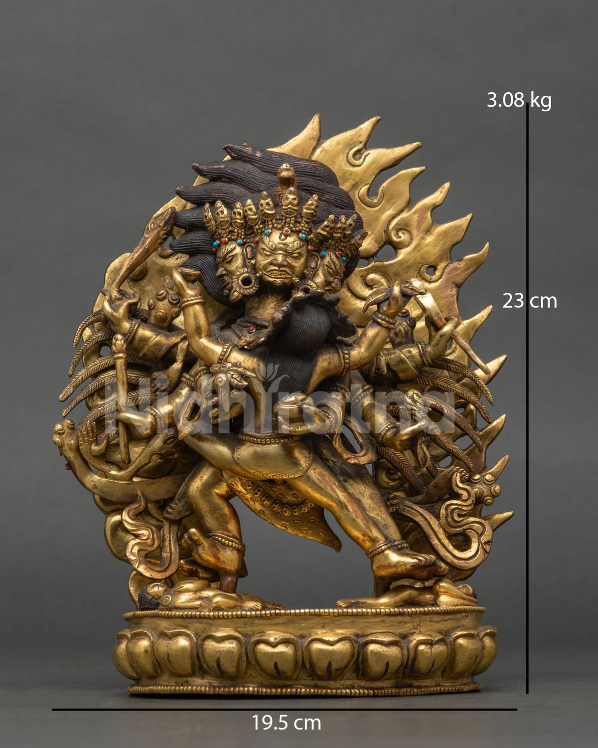 Antique Hayagriva Yab-Yum statue from Nepal, front view, fire-gilded copper Buddhist deity