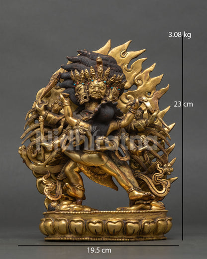 Antique Hayagriva Yab-Yum statue from Nepal, front view, fire-gilded copper Buddhist deity