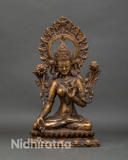 Antique White Tara statue front view, gold gilded copper Buddhist sculpture Nepal