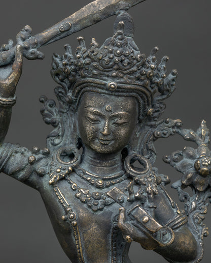 antique finish Simhanada Manjushri bronze statue Nepal close up