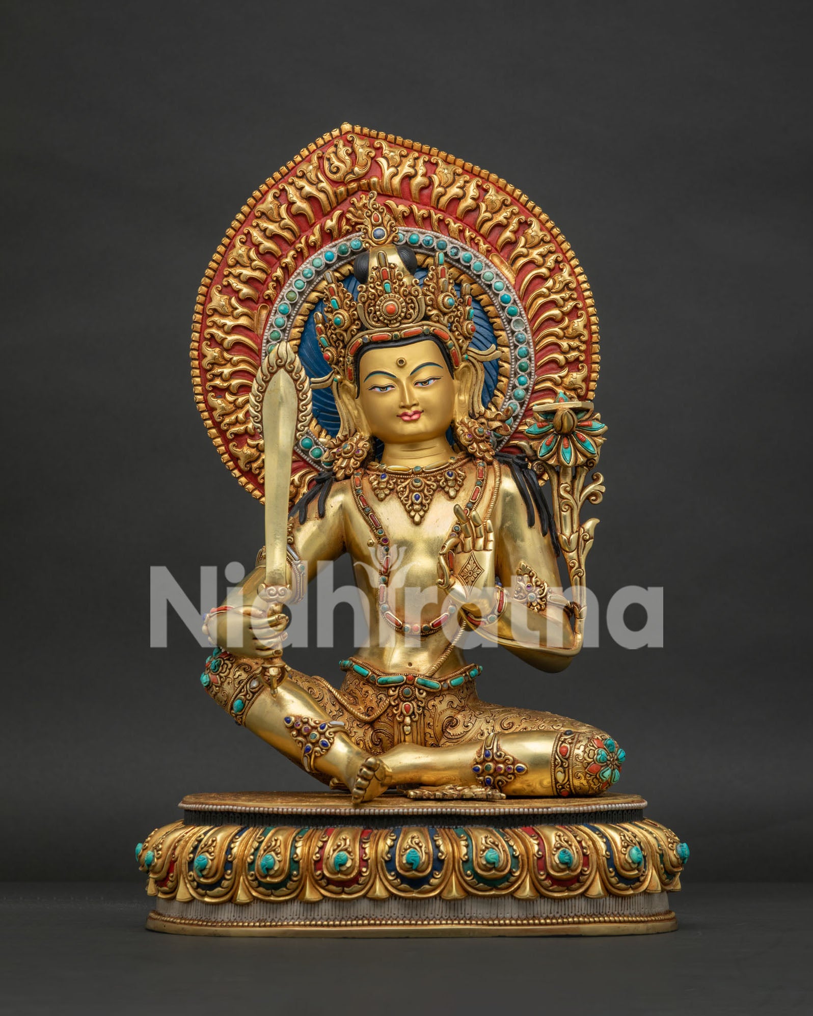 Arapachana Manjushri Statue front view — 24K gold fire-gilded copper Buddhist sculpture Nepal