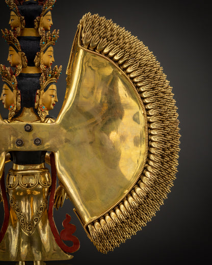 arm detail Thousand Armed Avalokiteshvara statue intricate hand and jewelry carvings
