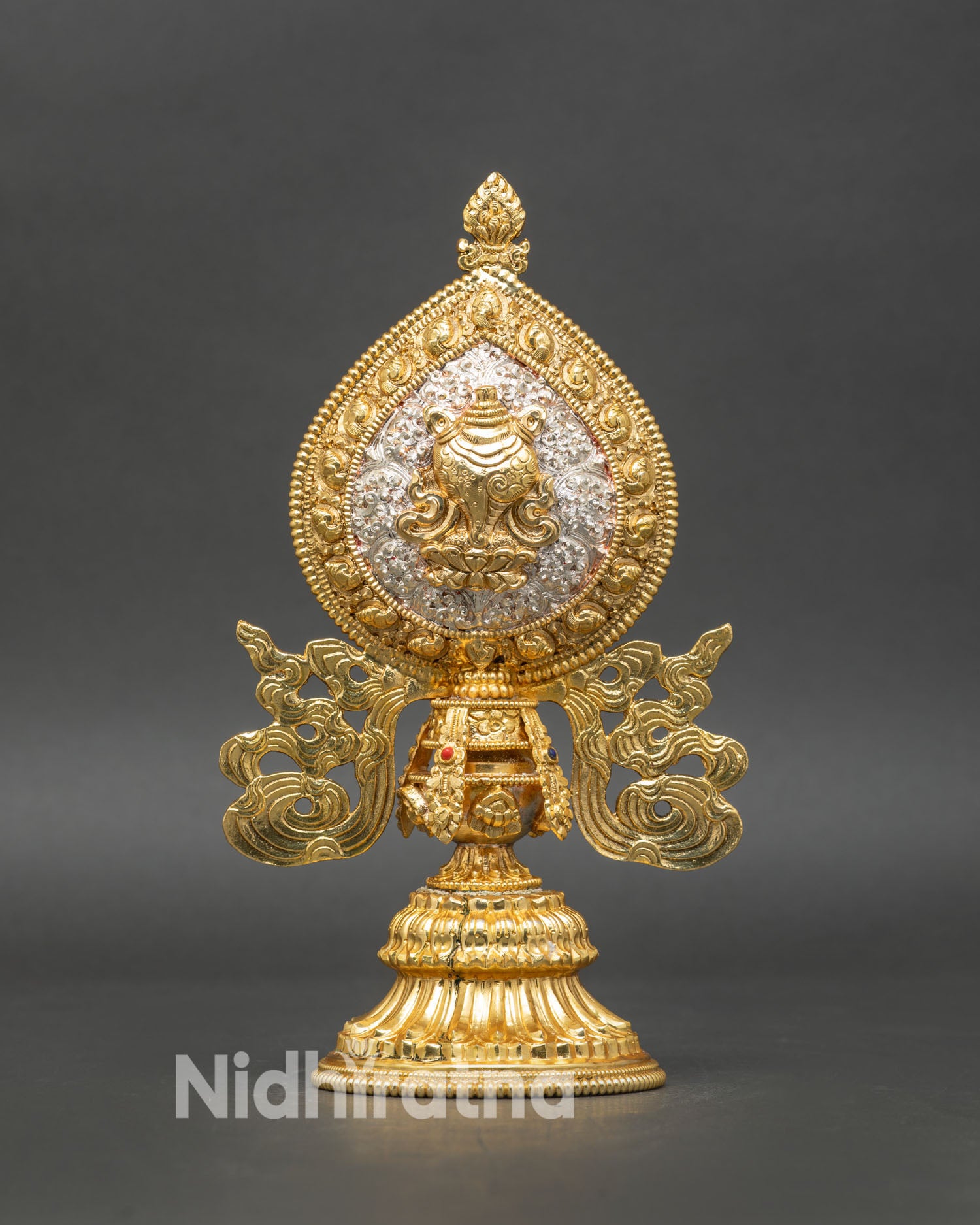 Astamangala Set displaying Himalayan craftsmanship in copper with gold silver plating and spiritual symbolic detailing