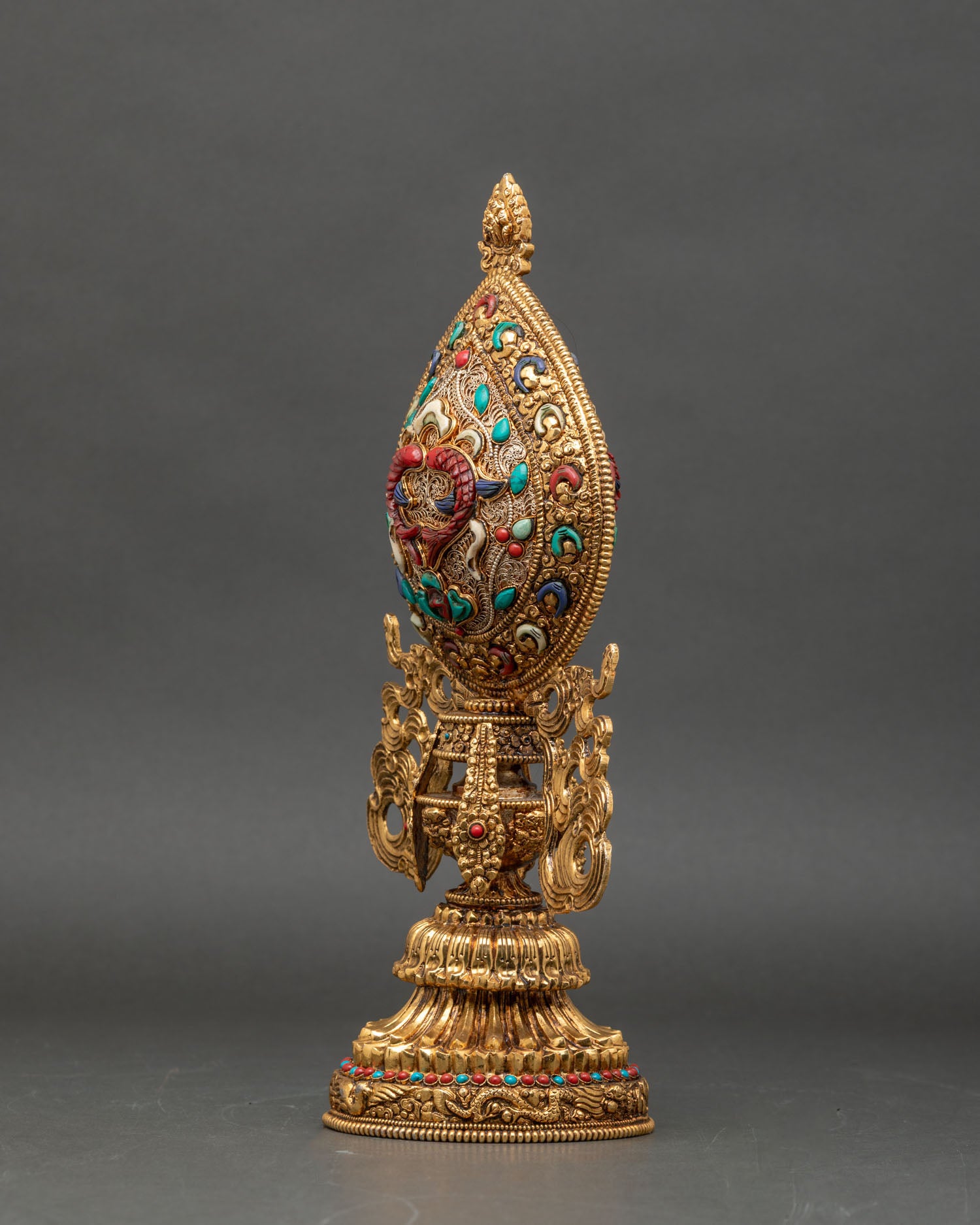 Astamangala Set with semi-precious stones, traditional Buddhist sacred art crafted by skilled Newari artisans.