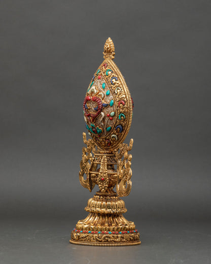 Astamangala Set with semi-precious stones, traditional Buddhist sacred art crafted by skilled Newari artisans.
