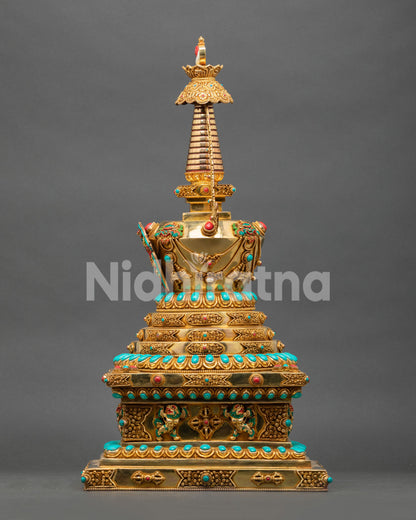 Authentic Buddhist Stupa from Patan, Nepal with gold-plated copper and decorative semi-precious stones