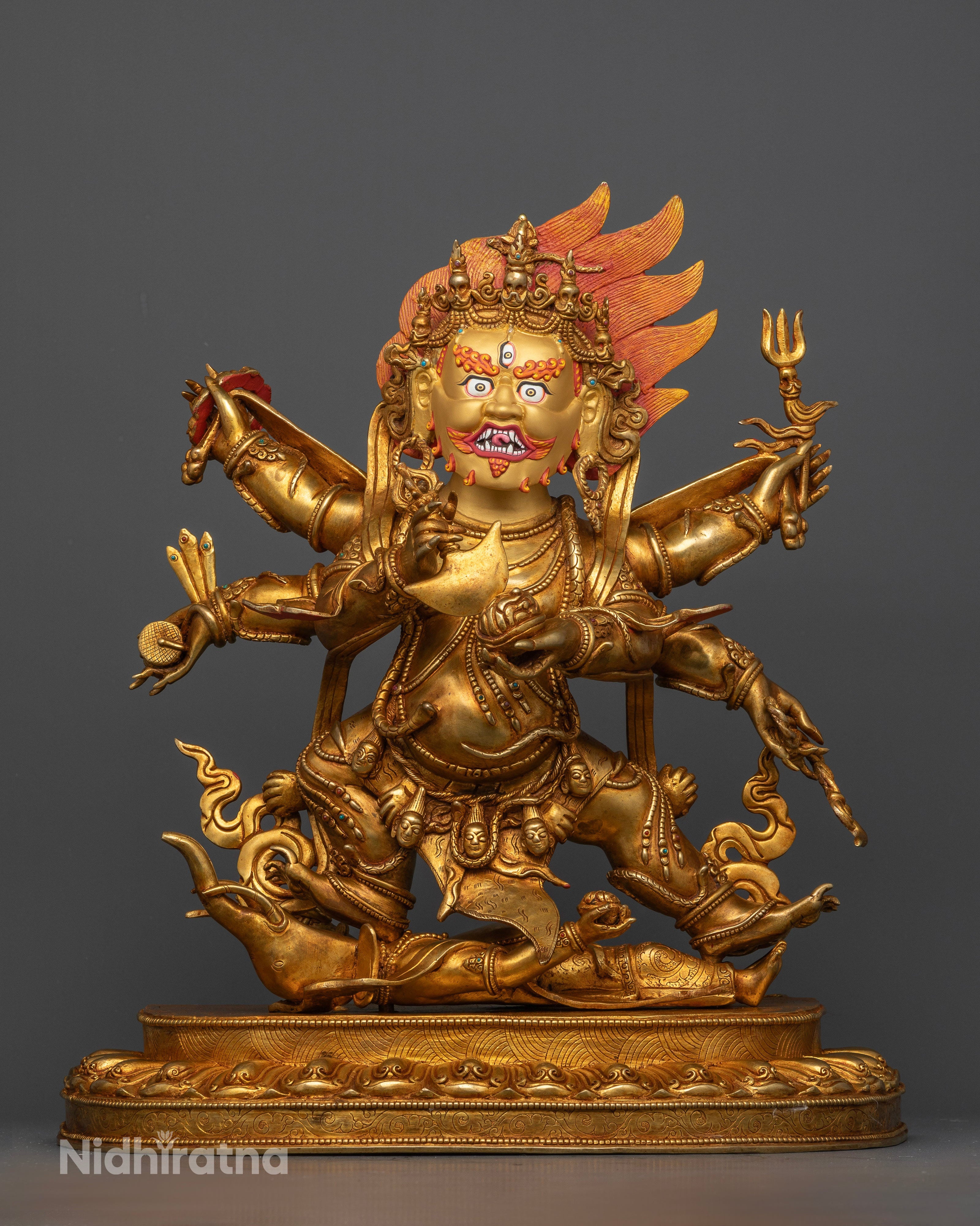 Authentic Himalayan Mahakala Statue trampling obstacles with tiger-skin garments and halo