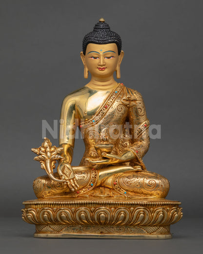 Authentic Medicine Buddha Statue in gold fire-gilded copper from Patan, Nepal, front view