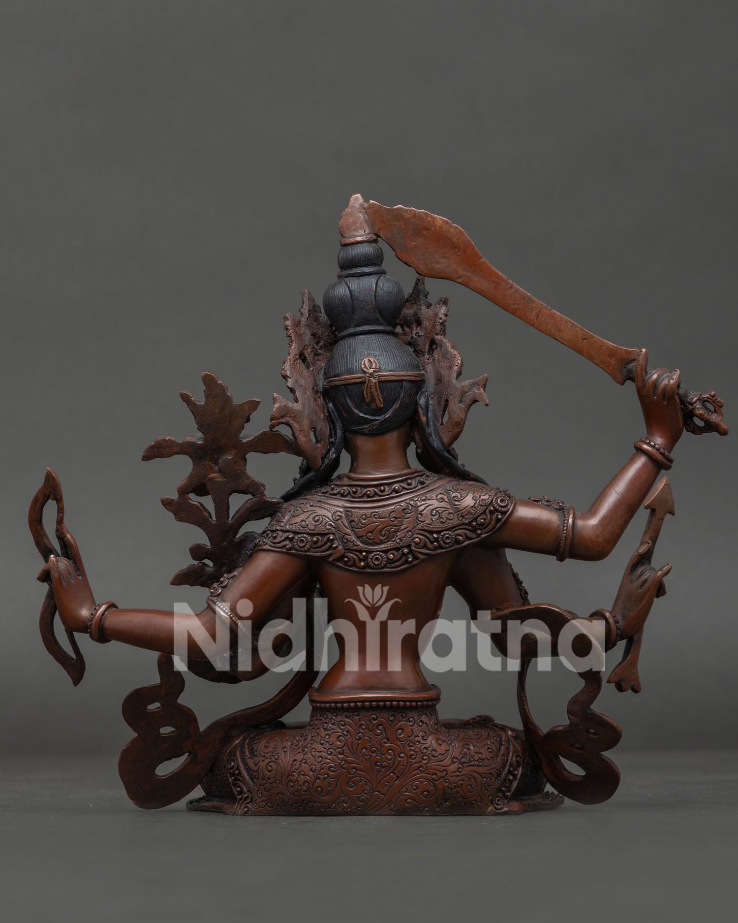 Authentic Nepalese copper statue of Four-Armed Maha Manjushri, created by Newari artisans