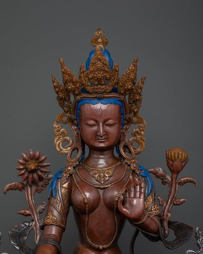 Authentic White Tara Copper Statue Representing Compassion Longevity and Healing