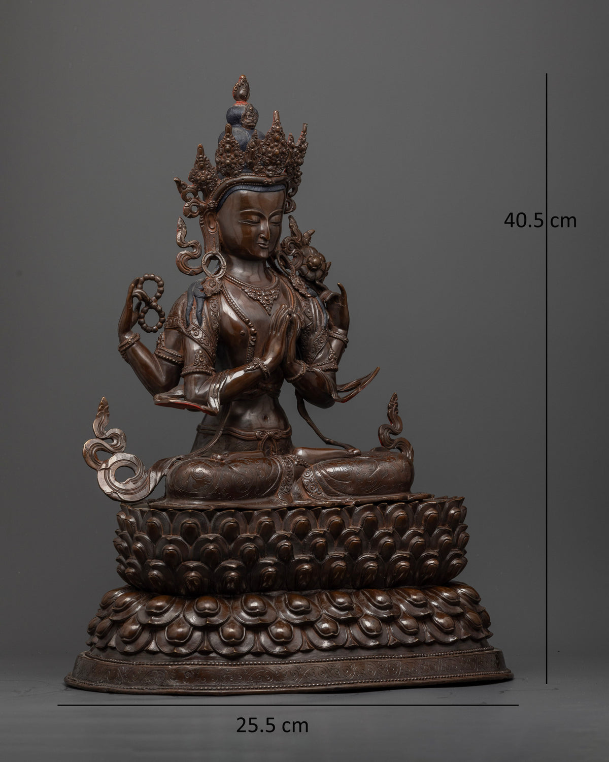 Avalokiteshvara Bodhisattva of Compassion seated on a blooming double lotus pedestal in Tibetan Buddhist art